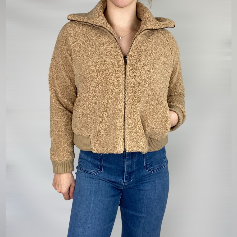 LINE + DOT Victoria Bomber Jacket in Beige Fuzzy Crop Teddy Outdoors‎